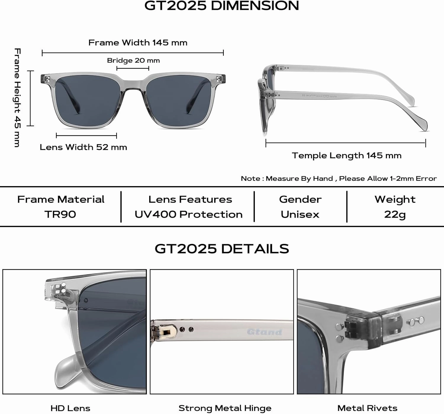 Gtand Unisex Vintage Retro Square Style Tinted Sunglasses For Men Women Fashion Rectangle Sun Glasses 52mm