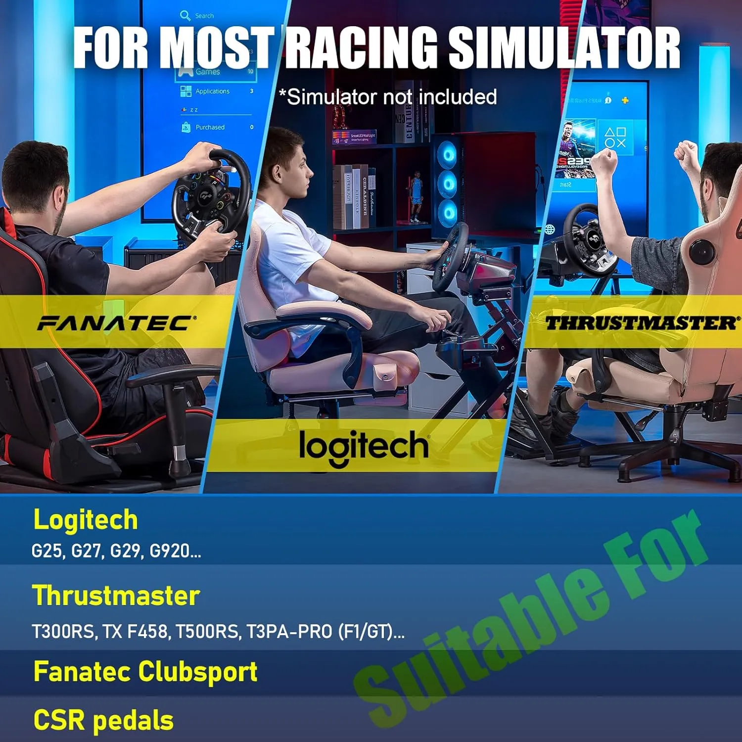 GTPLAYER Sim Racing Wheel Stand Simulator Cockpit Wheel Stand Racing Steering Shifter Mount fit for Logitech G25 G27 G29 G920 G923 Thrustmaster T330TS Gaming Stand Wheel Pedals NOT Included (Black)