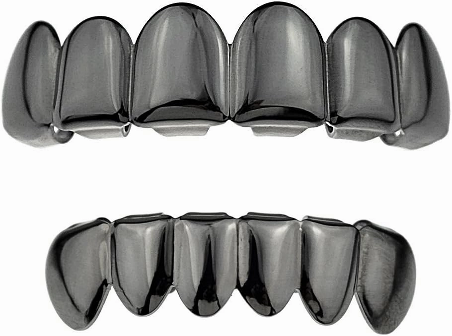 Gunmetal Black Grillz Set Upper Top & Bottom Lower Row Teeth Grill Hip Hop Fronts Pullout Mouth Grills