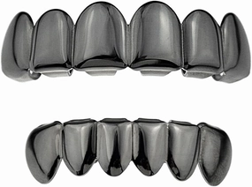 Gunmetal Black Grillz Set Upper Top & Bottom Lower Row Teeth Grill Hip Hop Fronts Pullout Mouth Grills
