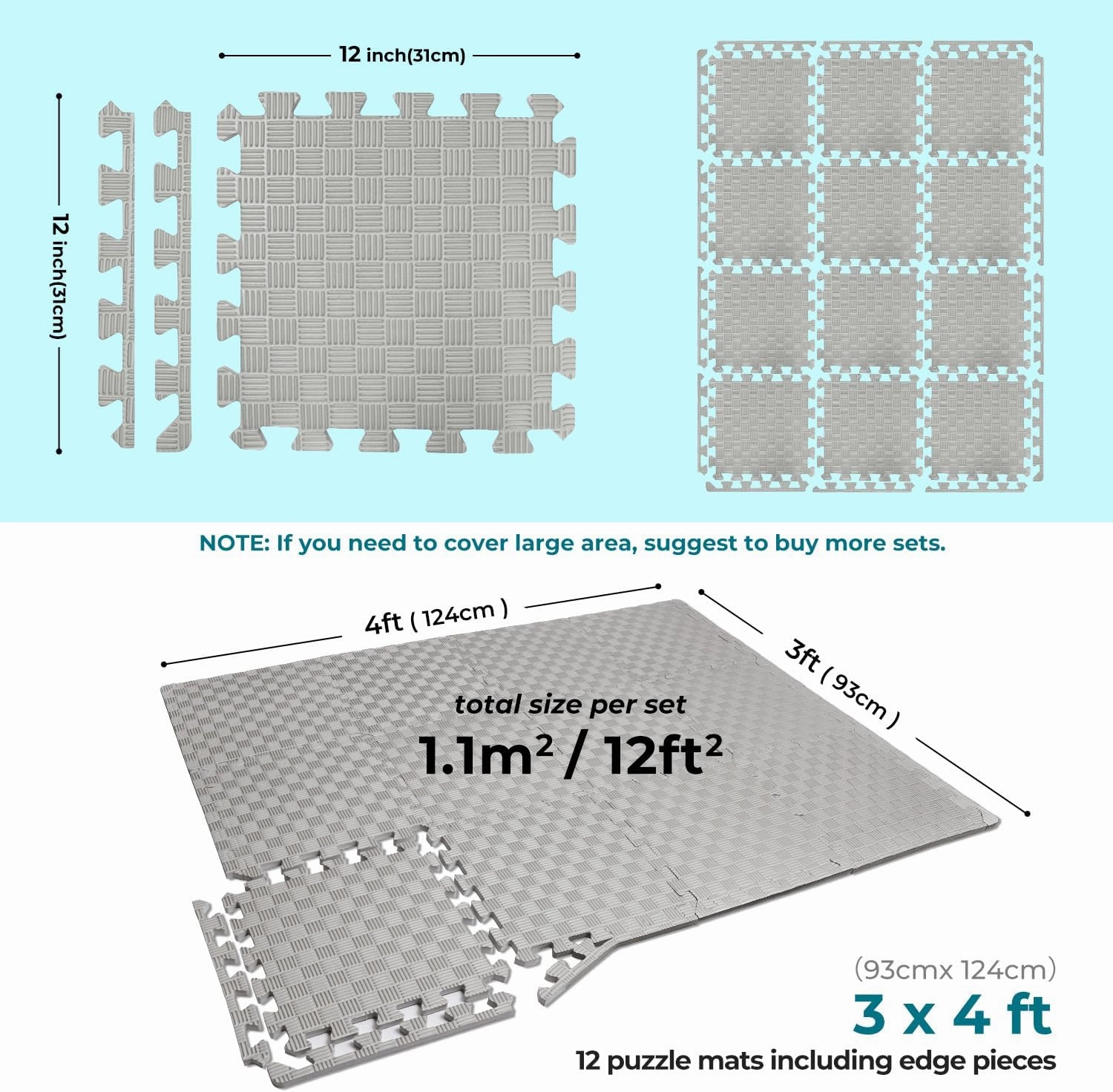 Gym Flooring Puzzle Exercise Mats: Sportneer 1/2" Thick 12" x 12" Interlocking Floor Mats EVA Foam Exercise Tiles for Home Gym Fitness Equipments with Border Waterproof Workout Anti-Slip Mat 12 Sqft/17.4 Sqft