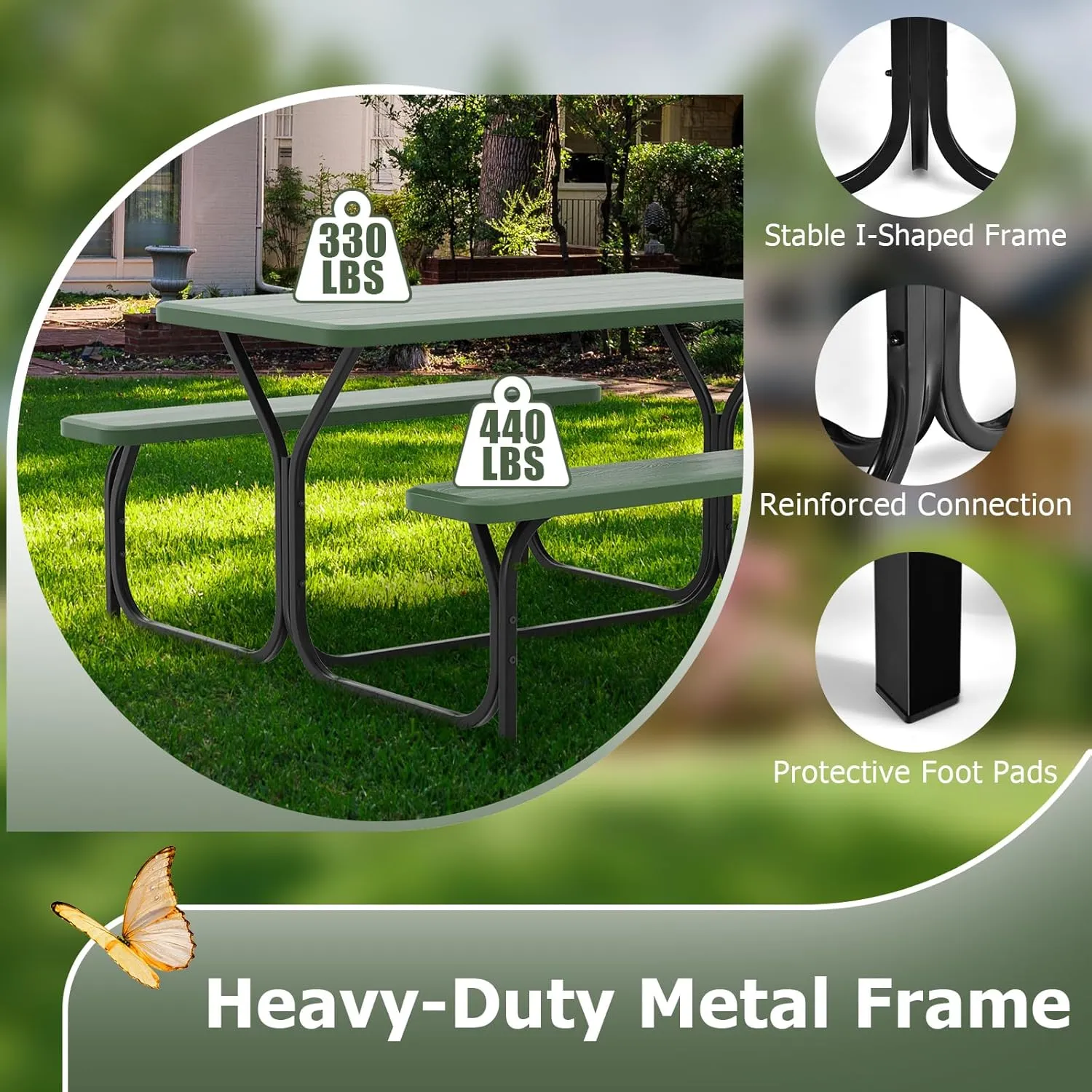 GYMAX Picnic Table, Picnic Bench Easy to Assemble w/All Weather Wood Grain Tabletop & Metal Frame, Picnic Tables for Outdoors Camping Backyard Deck Patio Poolside Dining Party
