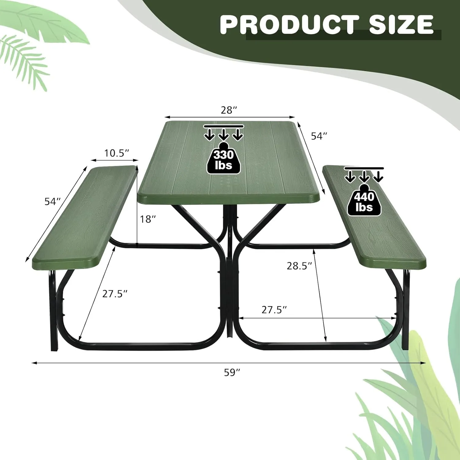 GYMAX Picnic Table, Picnic Bench Easy to Assemble w/All Weather Wood Grain Tabletop & Metal Frame, Picnic Tables for Outdoors Camping Backyard Deck Patio Poolside Dining Party