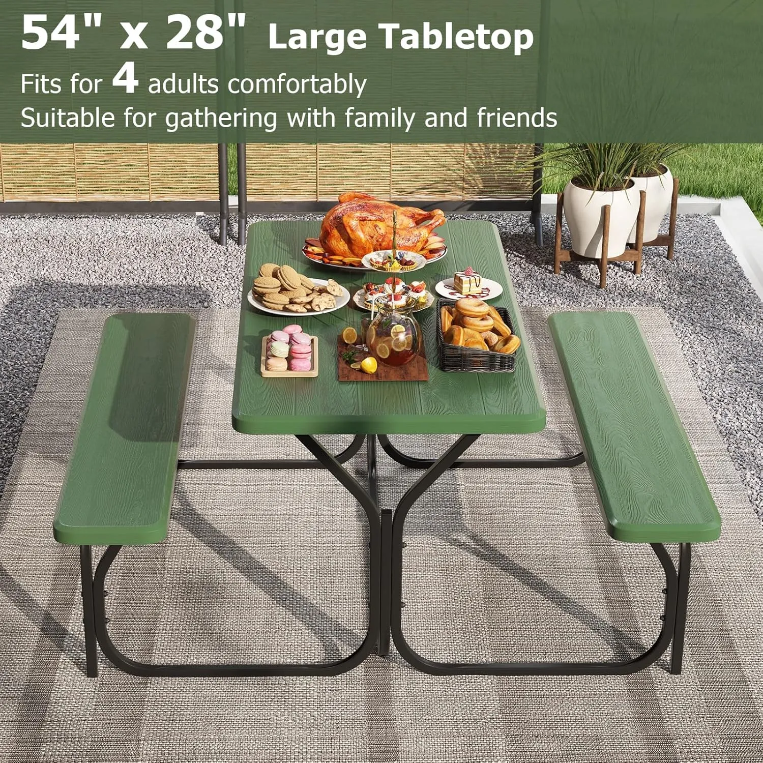 GYMAX Picnic Table, Picnic Bench Easy to Assemble w/All Weather Wood Grain Tabletop & Metal Frame, Picnic Tables for Outdoors Camping Backyard Deck Patio Poolside Dining Party