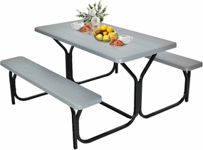 GYMAX Picnic Table, Picnic Bench Easy to Assemble w/All Weather Wood Grain Tabletop & Metal Frame, Picnic Tables for Outdoors Camping Backyard Deck Patio Poolside Dining Party