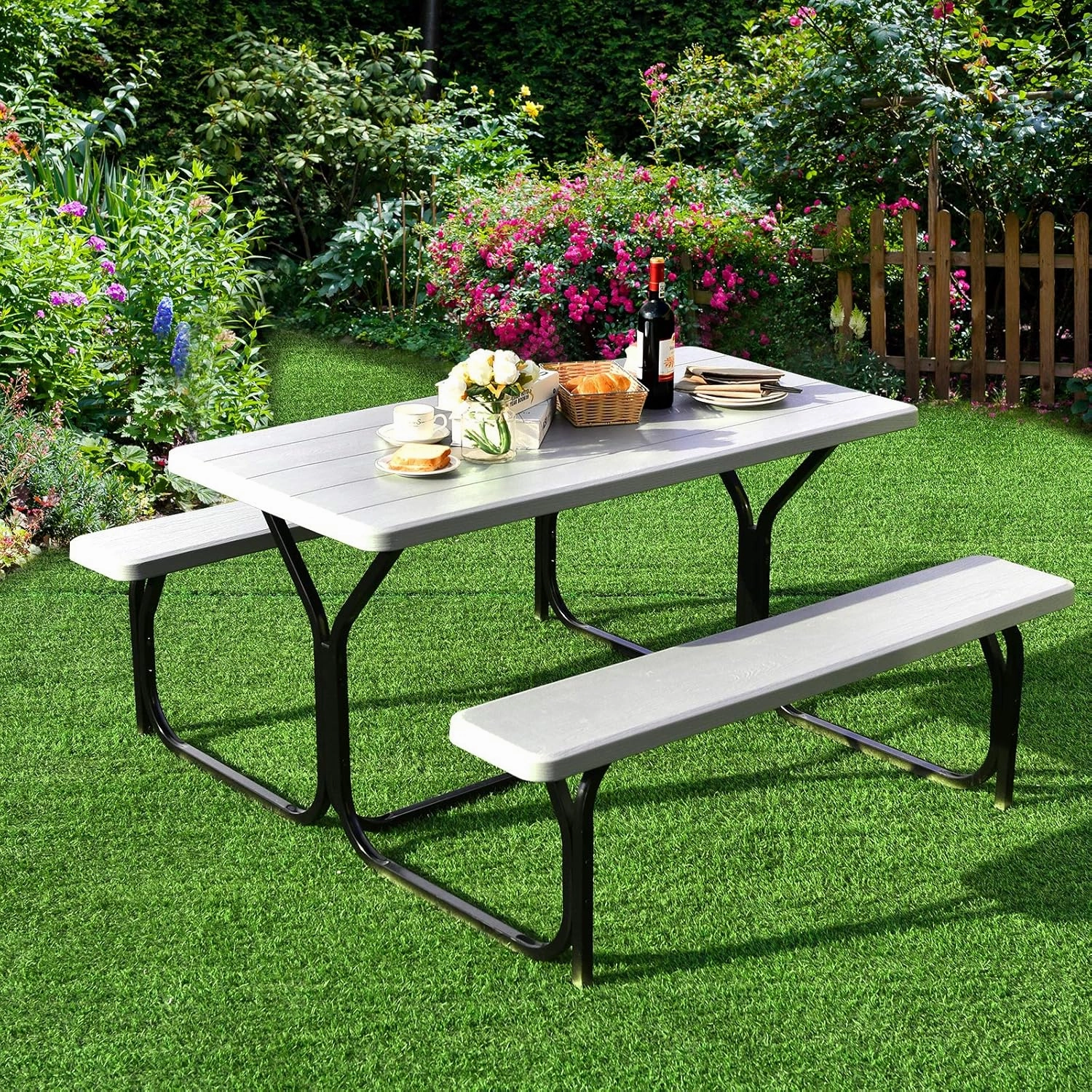GYMAX Picnic Table, Picnic Bench Easy to Assemble w/All Weather Wood Grain Tabletop & Metal Frame, Picnic Tables for Outdoors Camping Backyard Deck Patio Poolside Dining Party