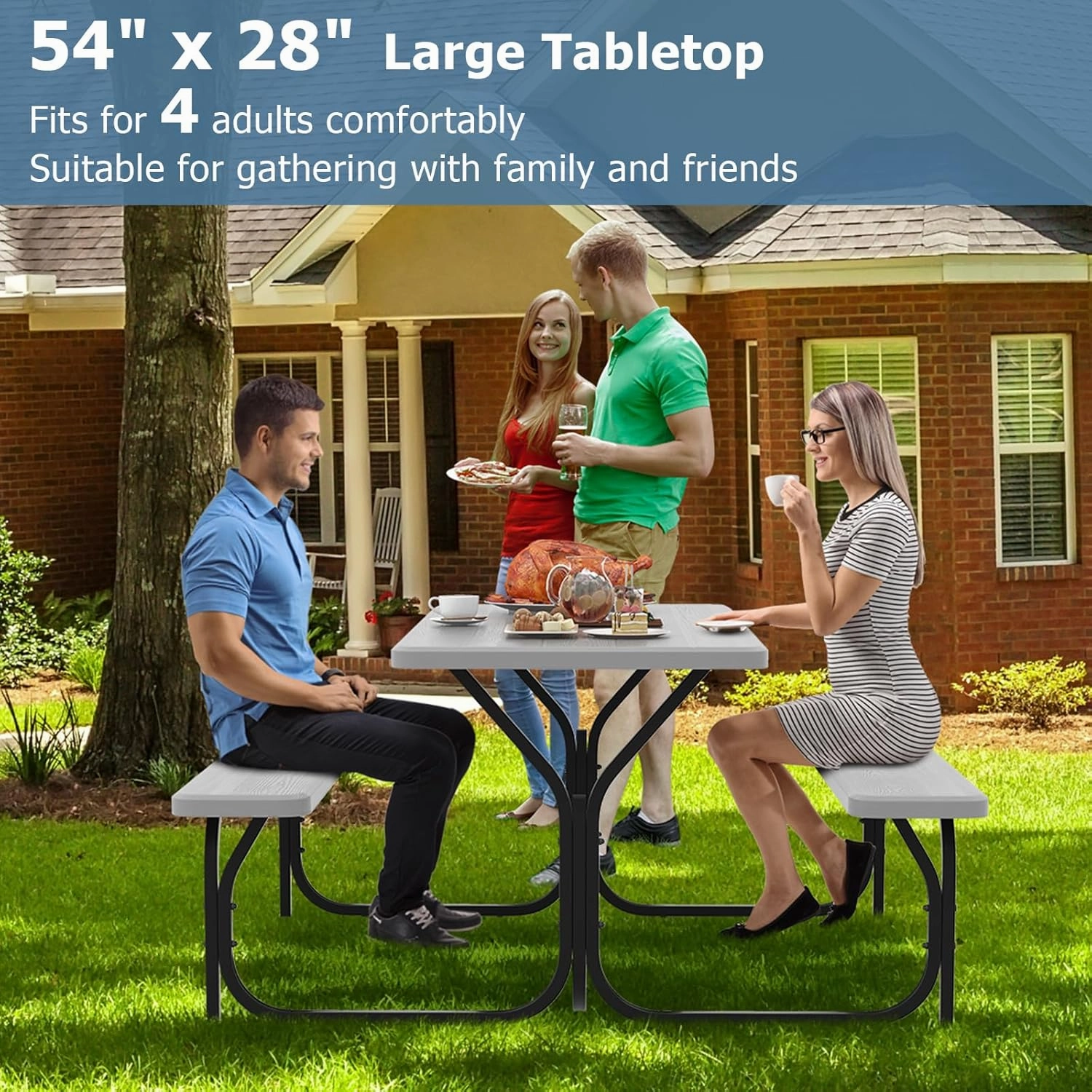 GYMAX Picnic Table, Picnic Bench Easy to Assemble w/All Weather Wood Grain Tabletop & Metal Frame, Picnic Tables for Outdoors Camping Backyard Deck Patio Poolside Dining Party