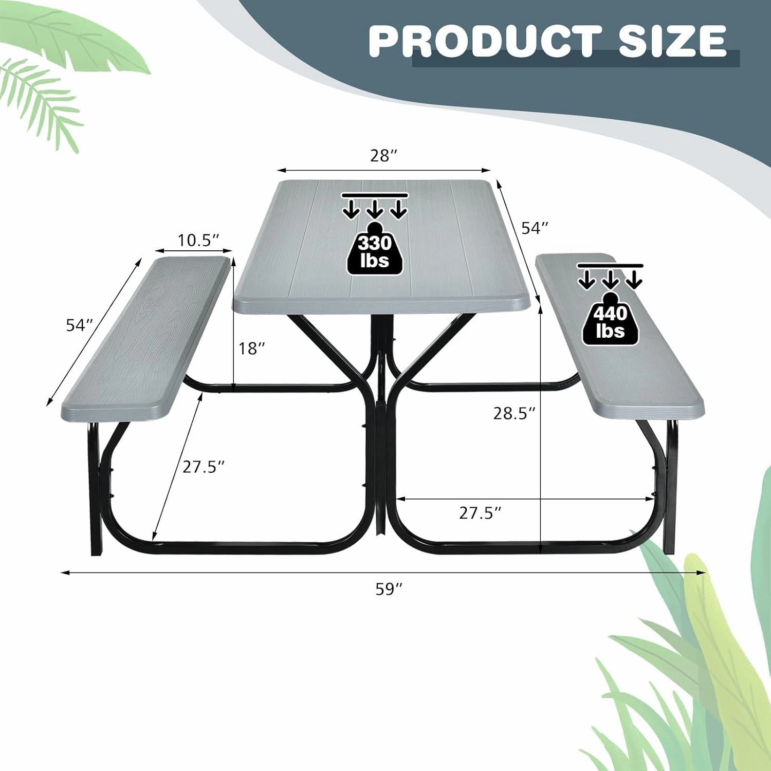 GYMAX Picnic Table, Picnic Bench Easy to Assemble w/All Weather Wood Grain Tabletop & Metal Frame, Picnic Tables for Outdoors Camping Backyard Deck Patio Poolside Dining Party