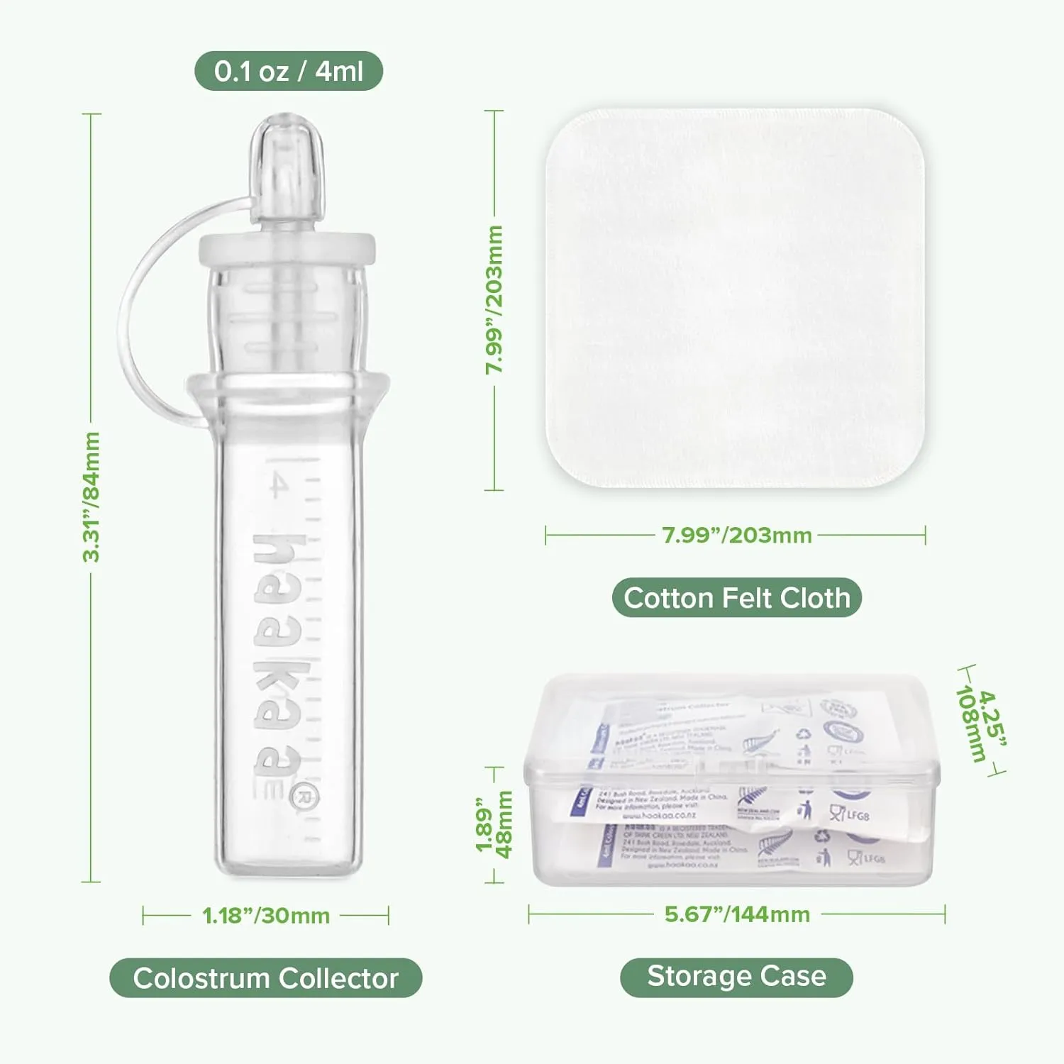 haakaa Colostrum Collector with Storage Case Set, Included 1 pc Reusable Cotton Wipe and Storage Box (0.1oz/4ml, 6 pcs)