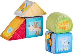 HABA Animal Soft Baby Blocks for 6-12 Months - 5 Geometric Shape Baby Sensory Toys with Rattle, Mirror, Squeaker & Crinkle Foil, Soft Building Blocks for Babies 6-12 Months