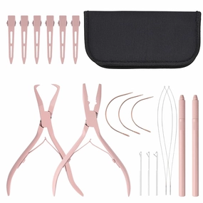 Hair Extension Tool Kit Pink Color Hair Extension Pliers for Micro Beads Remover Cloth Bag Hair Loop Tool Weft Extensions Salon Barber Accessories