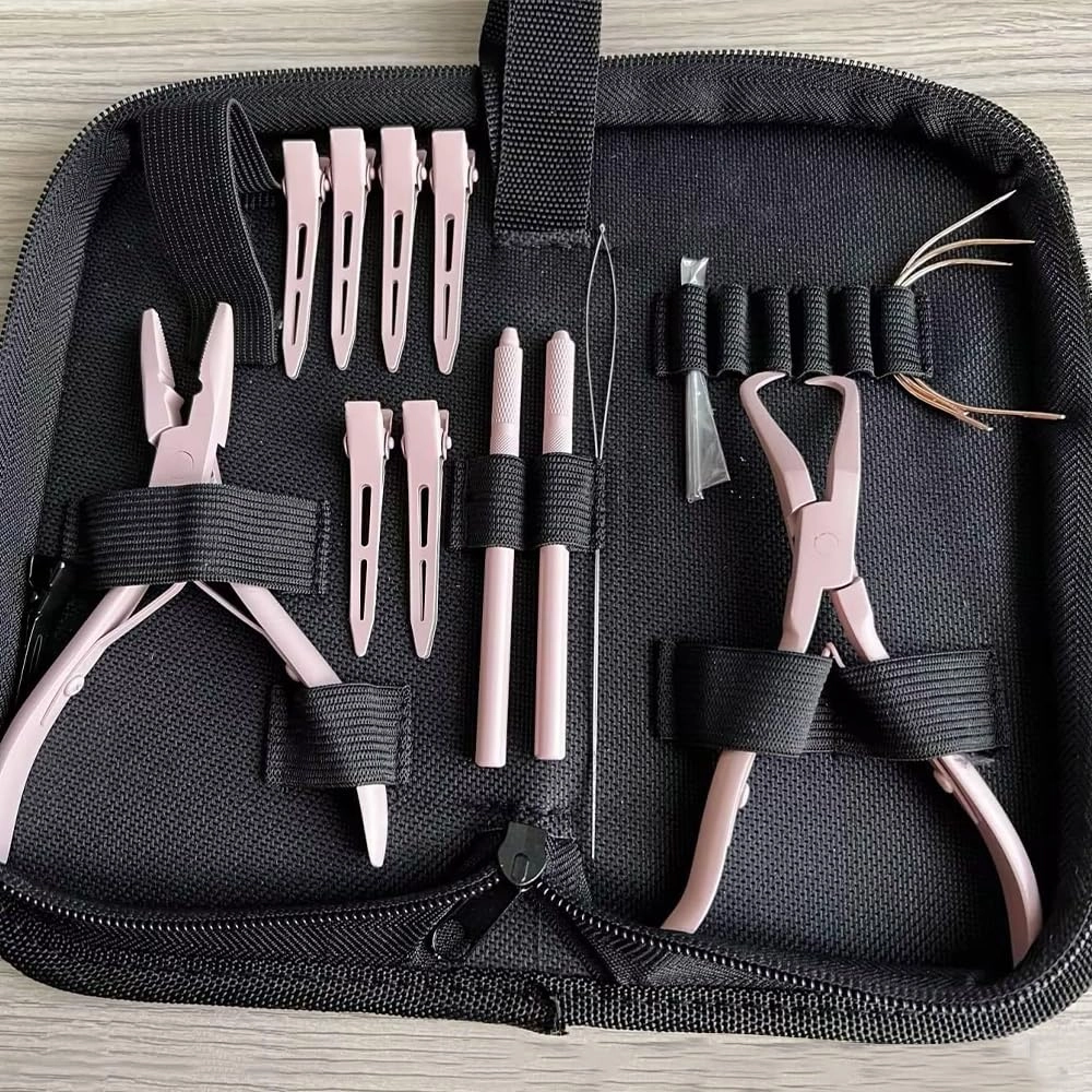 Hair Extension Tool Kit Pink Color Hair Extension Pliers for Micro Beads Remover Cloth Bag Hair Loop Tool Weft Extensions Salon Barber Accessories