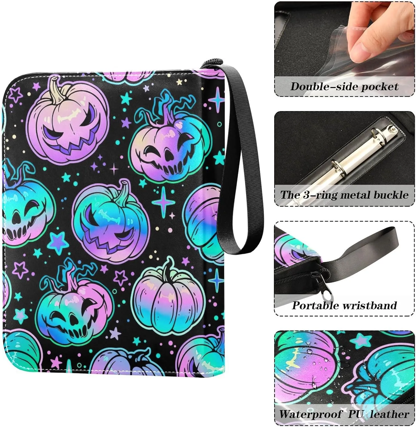 Halloween Cartoon Colorful Pumpkins Card Binder, 3ring Binder Cards 400 Cards Capacity for Sports Cards, Game Cards