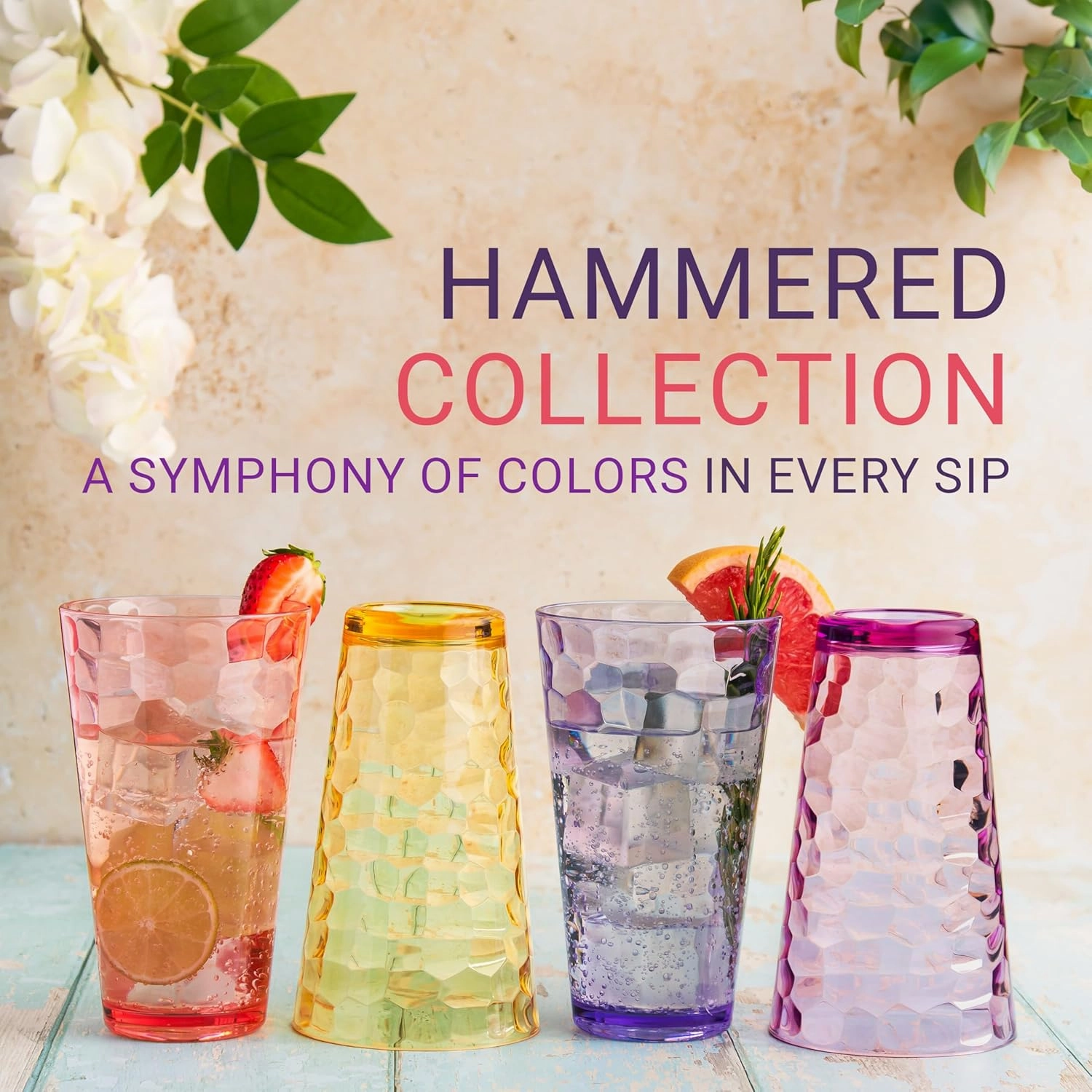 Hammered Plastic Drinking Tumbler, Dishwasher-Safe Premium Quality Water Glasses, BPA-Free Reusable Mixed Colors Assorted Stackable Cups, 22 oz Set of 12