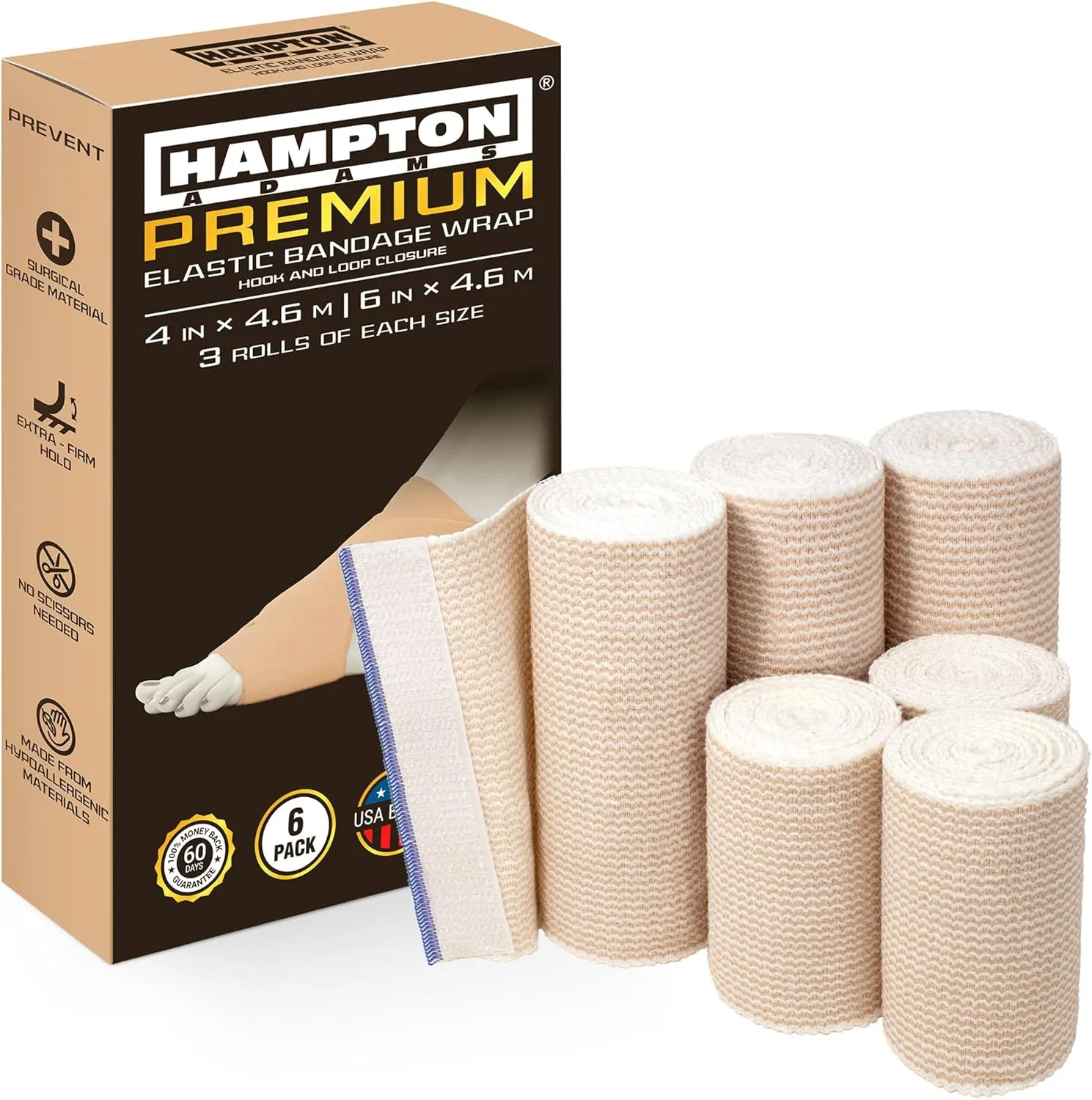 Hampton Adams | As Seen on Shark Tank | Original Elastic Bandage Wrap (6-Pack) | Multiple Sizes Package | Self Closing Latex-Free Cotton Compression | Sports Sprains Calf Ankle & Foot (Hook and Loop)