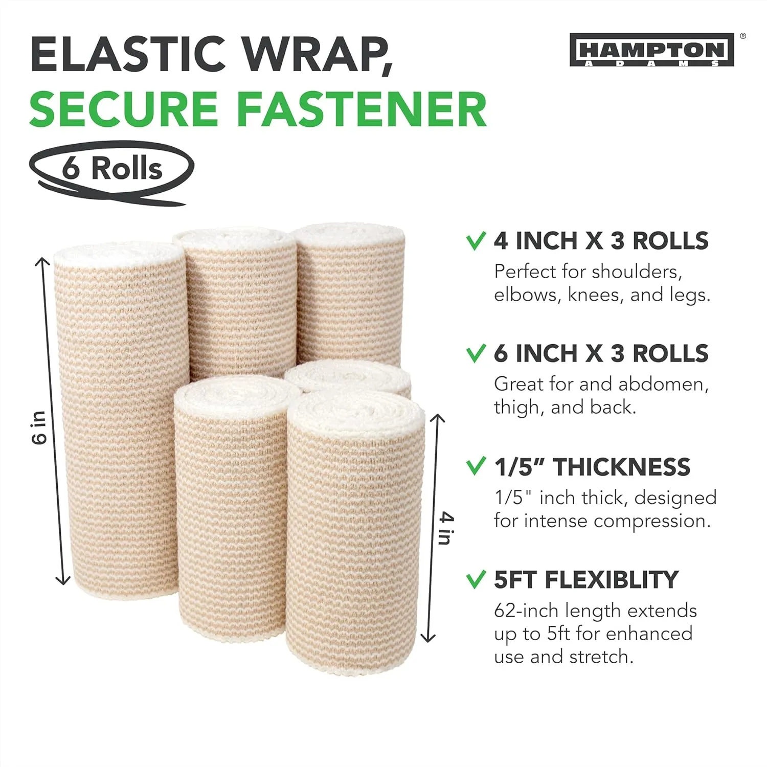 Hampton Adams | As Seen on Shark Tank | Original Elastic Bandage Wrap (6-Pack) | Multiple Sizes Package | Self Closing Latex-Free Cotton Compression | Sports Sprains Calf Ankle & Foot (Hook and Loop)
