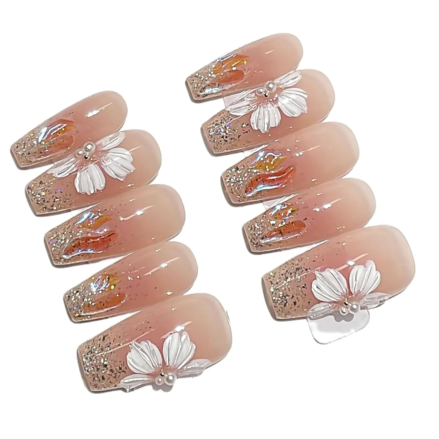 handmade nails,press on nails, glittering flowers,long coffin, Size-Large