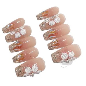 handmade nails,press on nails, glittering flowers,long coffin, Size-Large