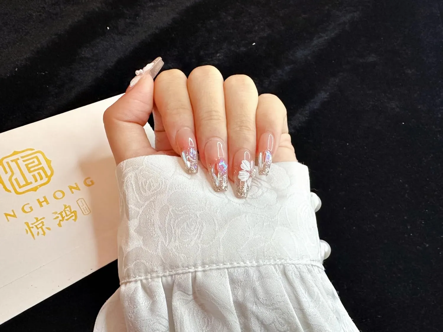 handmade nails,press on nails, glittering flowers,long coffin, Size-Large