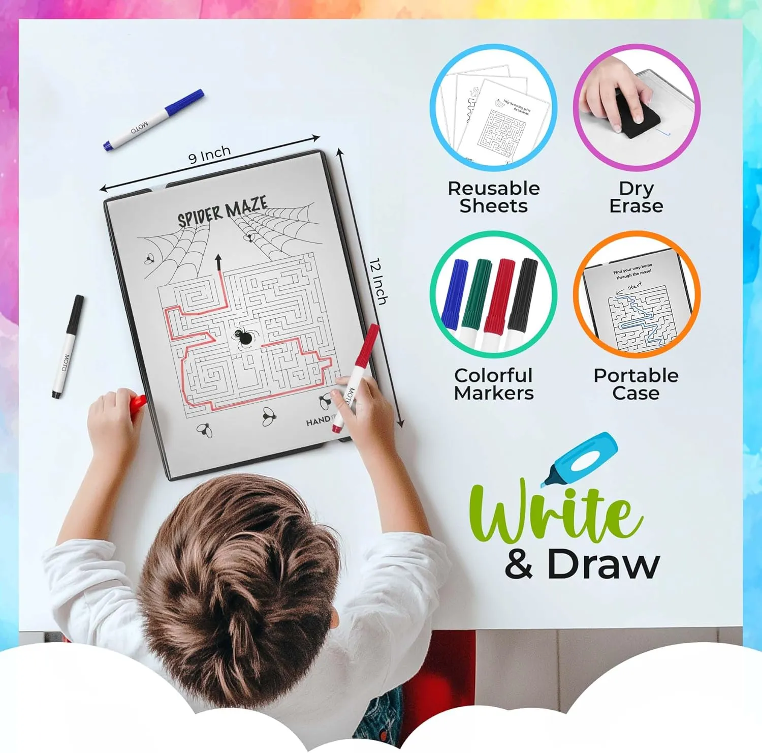 HandMoto Puzzle Tracing – Preschool Learning Activities & Work Books for 3 Year Olds with 10 Maze Sheets, 4 Markers & 1 Eraser, Kindergarten Workbooks & Toddler Learning Activities for Early Education