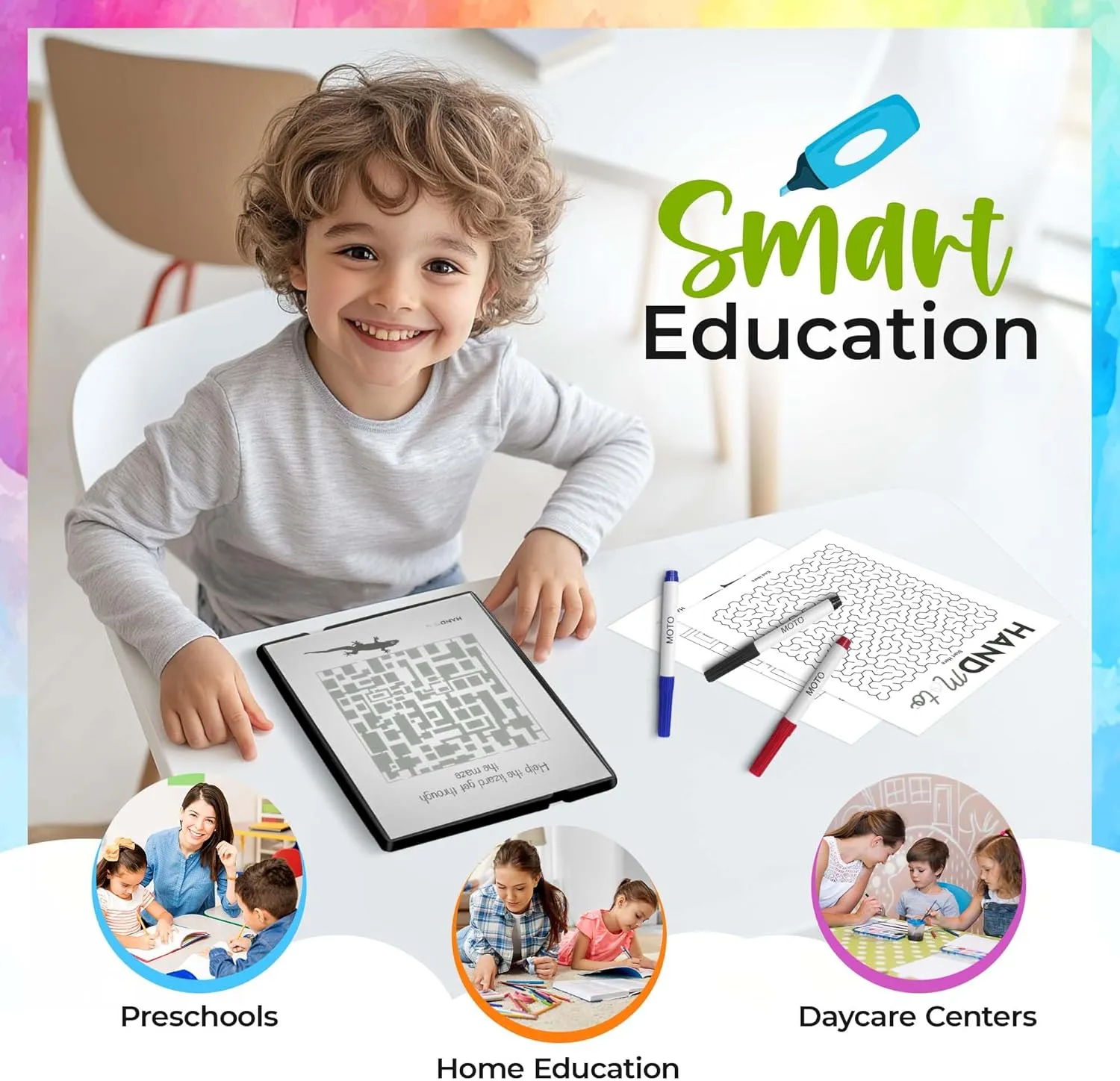 HandMoto Puzzle Tracing – Preschool Learning Activities & Work Books for 3 Year Olds with 10 Maze Sheets, 4 Markers & 1 Eraser, Kindergarten Workbooks & Toddler Learning Activities for Early Education