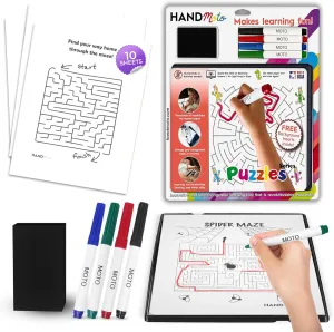 HandMoto Puzzle Tracing – Preschool Learning Activities & Work Books for 3 Year Olds with 10 Maze Sheets, 4 Markers & 1 Eraser, Kindergarten Workbooks & Toddler Learning Activities for Early Education