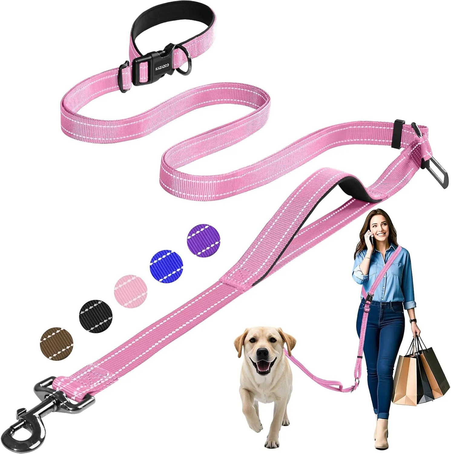 Hands-Free Dog Leash with Adjustable Length 6-9FT   Dual Padded Handles Reflective Safety for Night Walks | Suitable for Medium to Large Dogs & Puppies Pink-L