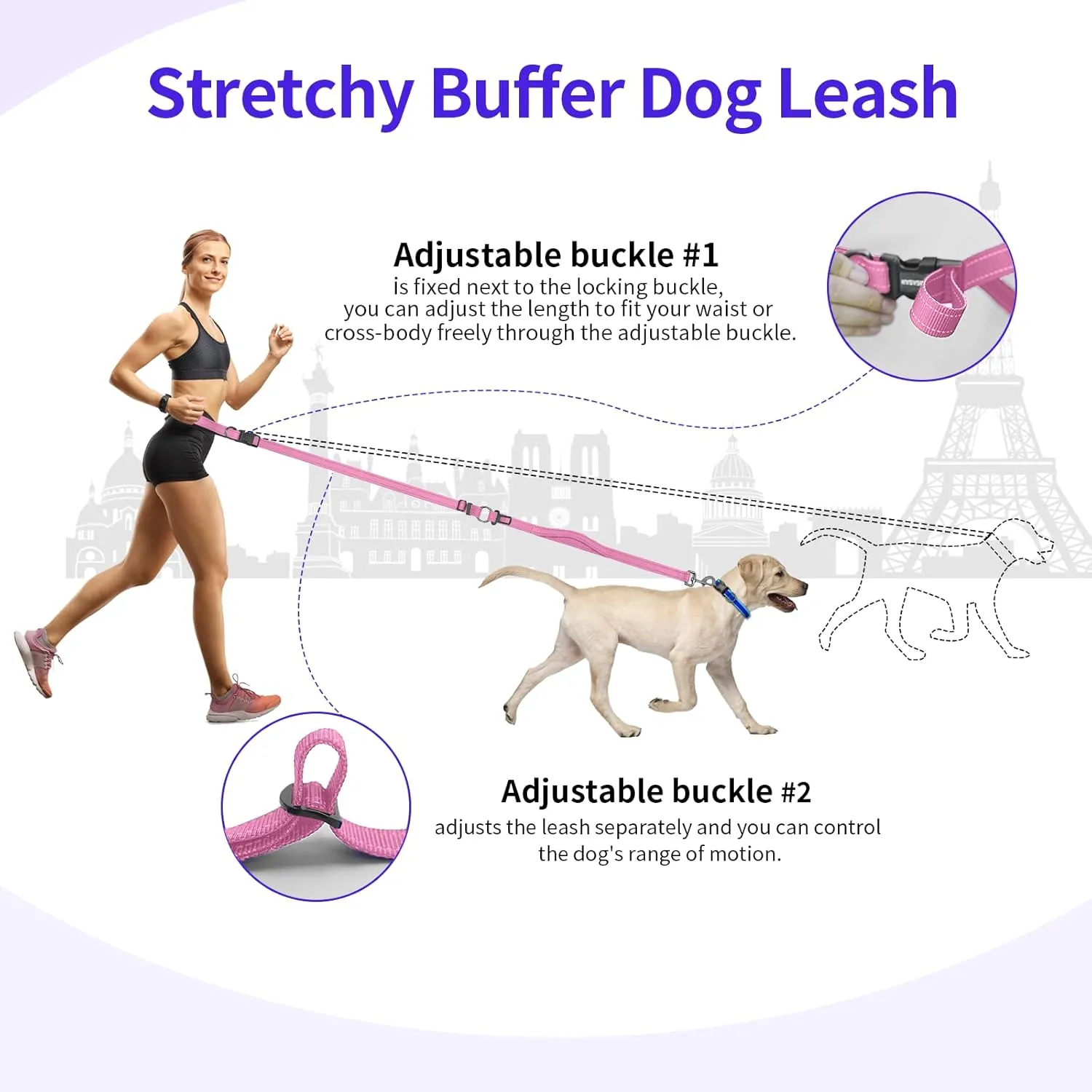 Hands-Free Dog Leash with Adjustable Length 6-9FT   Dual Padded Handles Reflective Safety for Night Walks | Suitable for Medium to Large Dogs & Puppies Pink-L