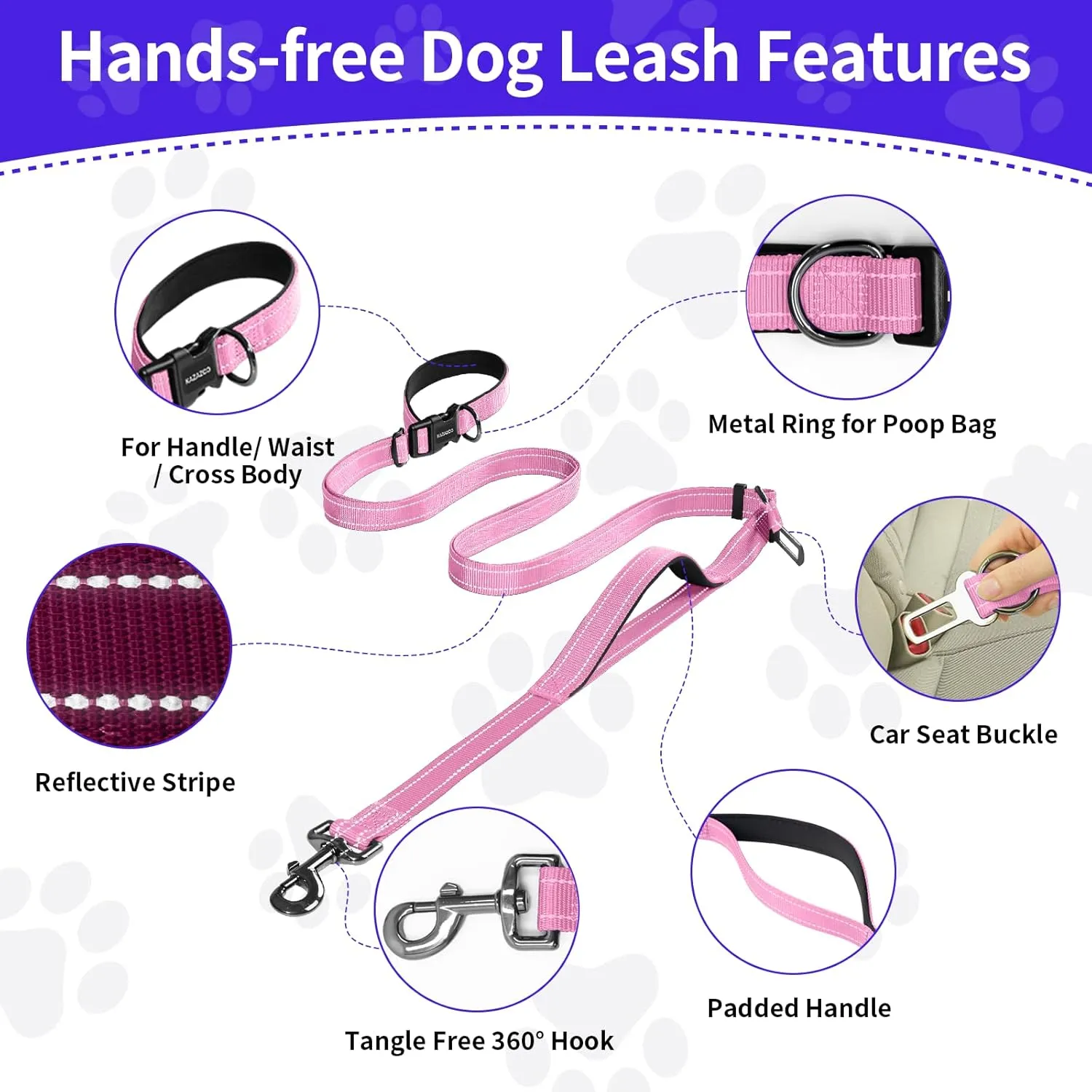 Hands-Free Dog Leash with Adjustable Length 6-9FT   Dual Padded Handles Reflective Safety for Night Walks | Suitable for Medium to Large Dogs & Puppies Pink-L