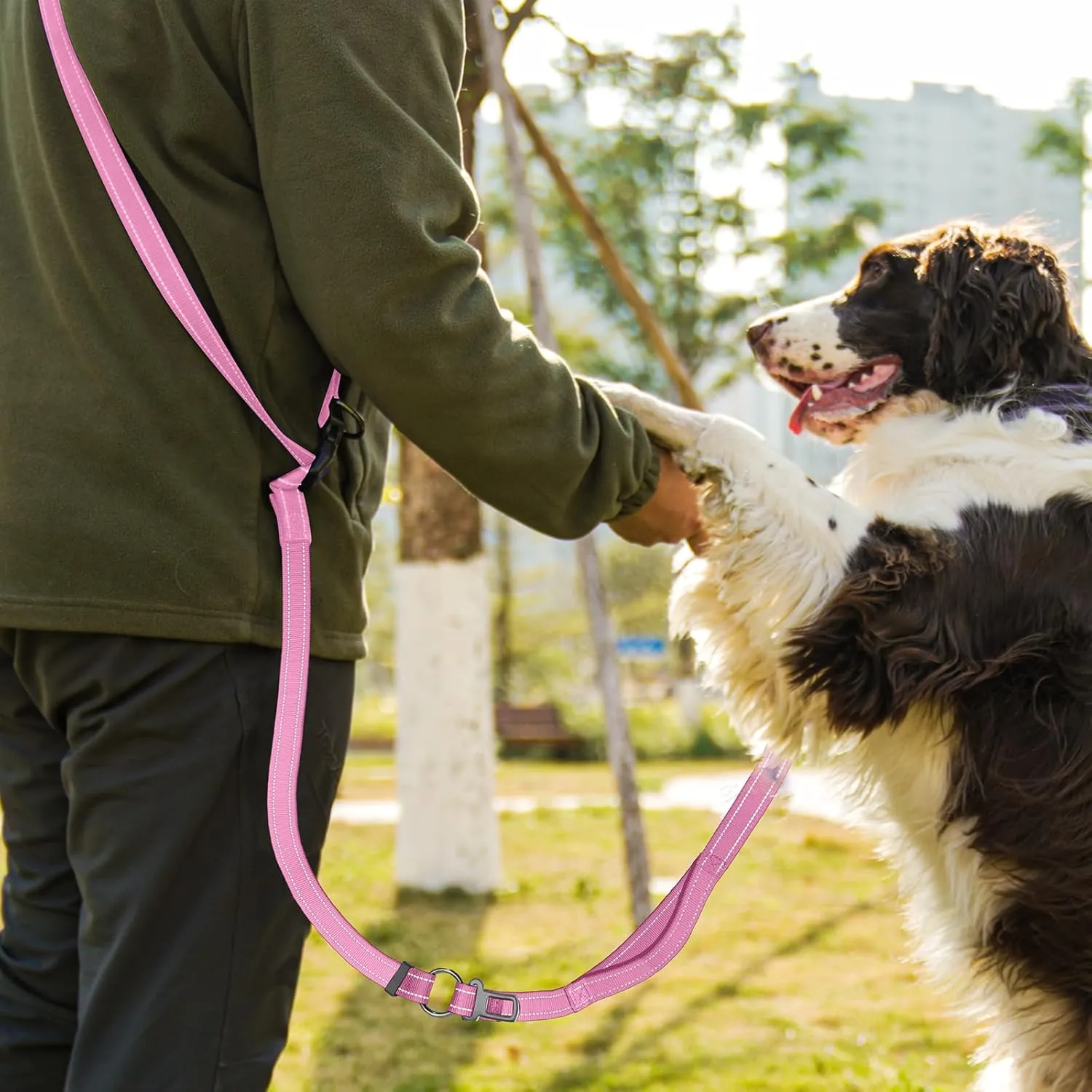 Hands-Free Dog Leash with Adjustable Length 6-9FT   Dual Padded Handles Reflective Safety for Night Walks | Suitable for Medium to Large Dogs & Puppies Pink-L