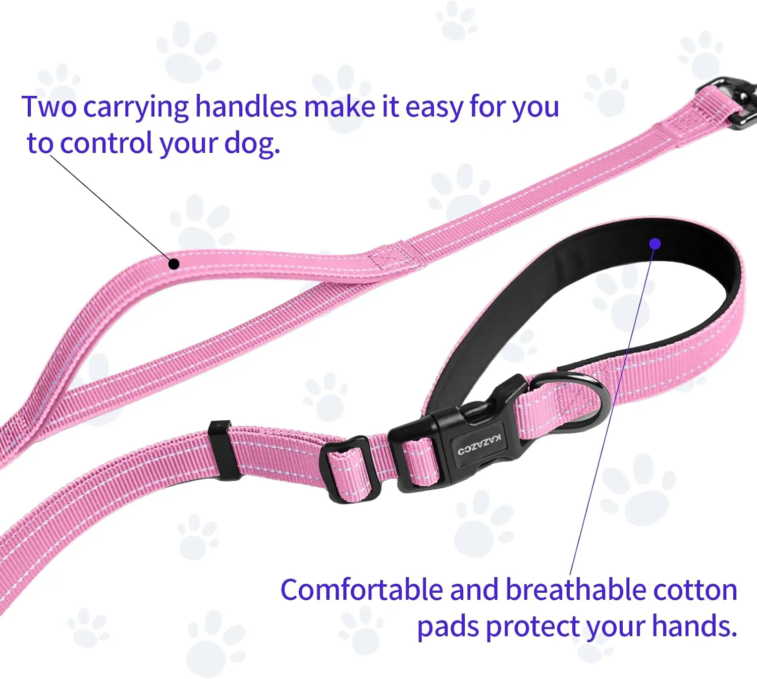 Hands-Free Dog Leash with Adjustable Length 6-9FT   Dual Padded Handles Reflective Safety for Night Walks | Suitable for Medium to Large Dogs & Puppies Pink-L