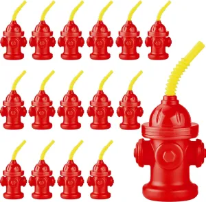 Haundry 16-Pack Fire Hydrant Straw Cups With Lids for Paw Patrol Party Decorations, 10oz Firefighter Firetruck Birthday Party Decorations, Reusable Red Plastic Kids Party Supplies