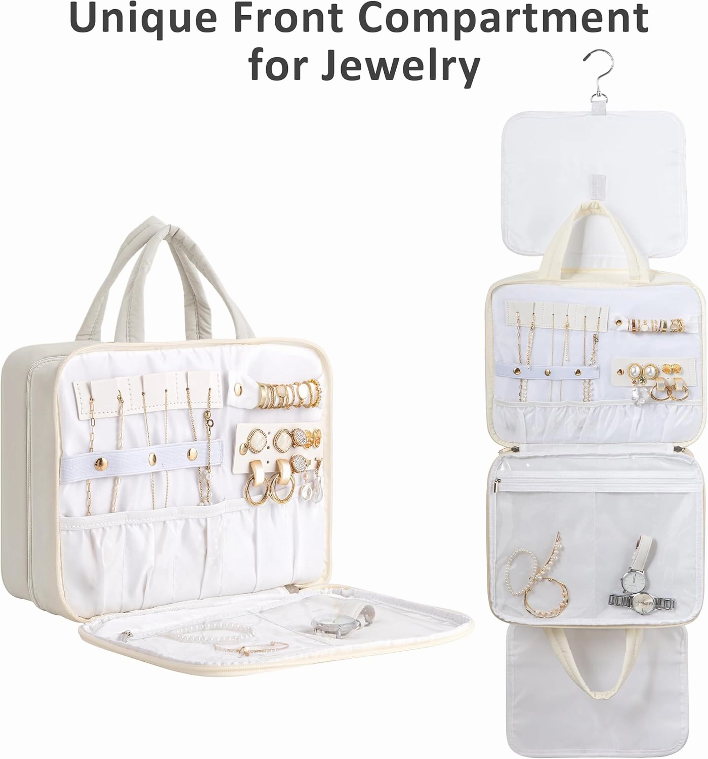 HBlife Travel Toiletry Bag with Jewelry Organizer for Women, Puffy Hanging Travel Bag for Toiletries with Trolley Belt, Waterproof Makeup Cosmetic Bag, Travel Accessories Essentials(Beige, L)
