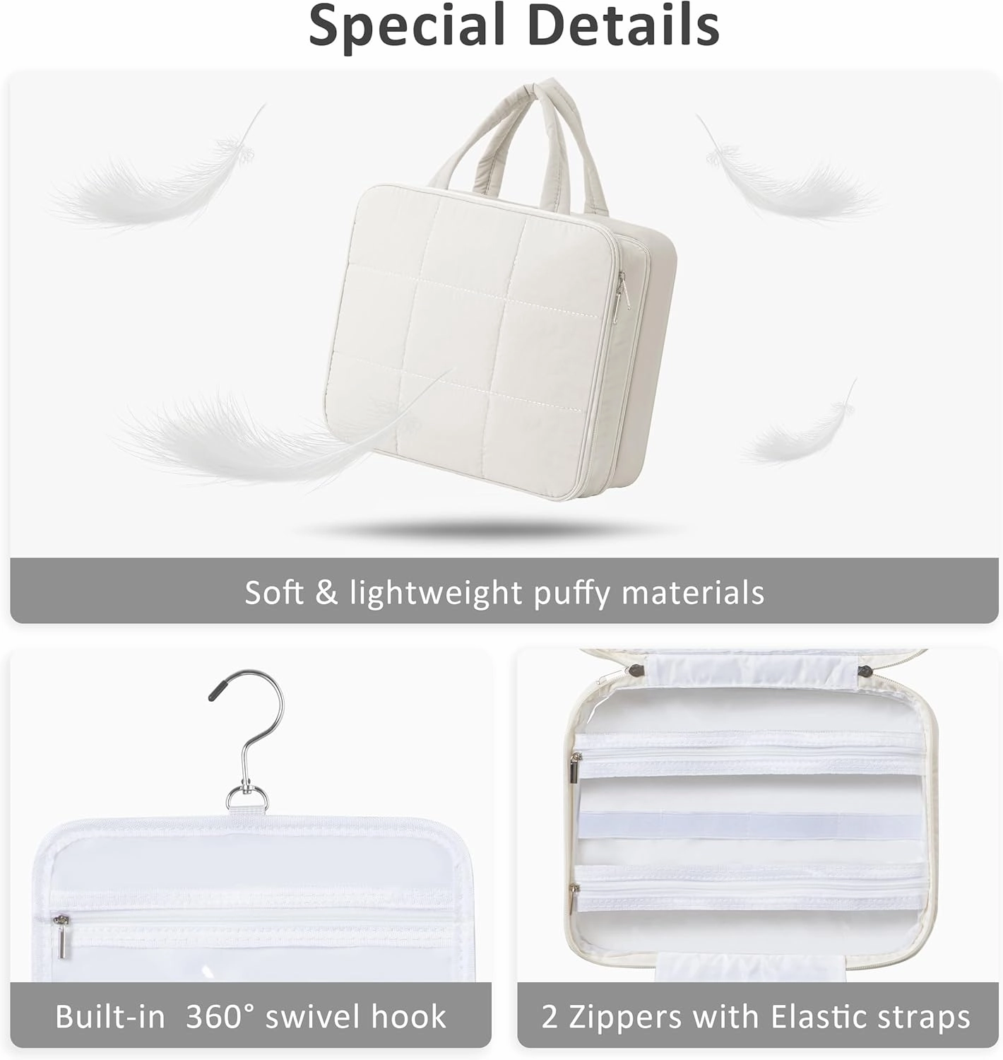HBlife Travel Toiletry Bag with Jewelry Organizer for Women, Puffy Hanging Travel Bag for Toiletries with Trolley Belt, Waterproof Makeup Cosmetic Bag, Travel Accessories Essentials(Beige, L)
