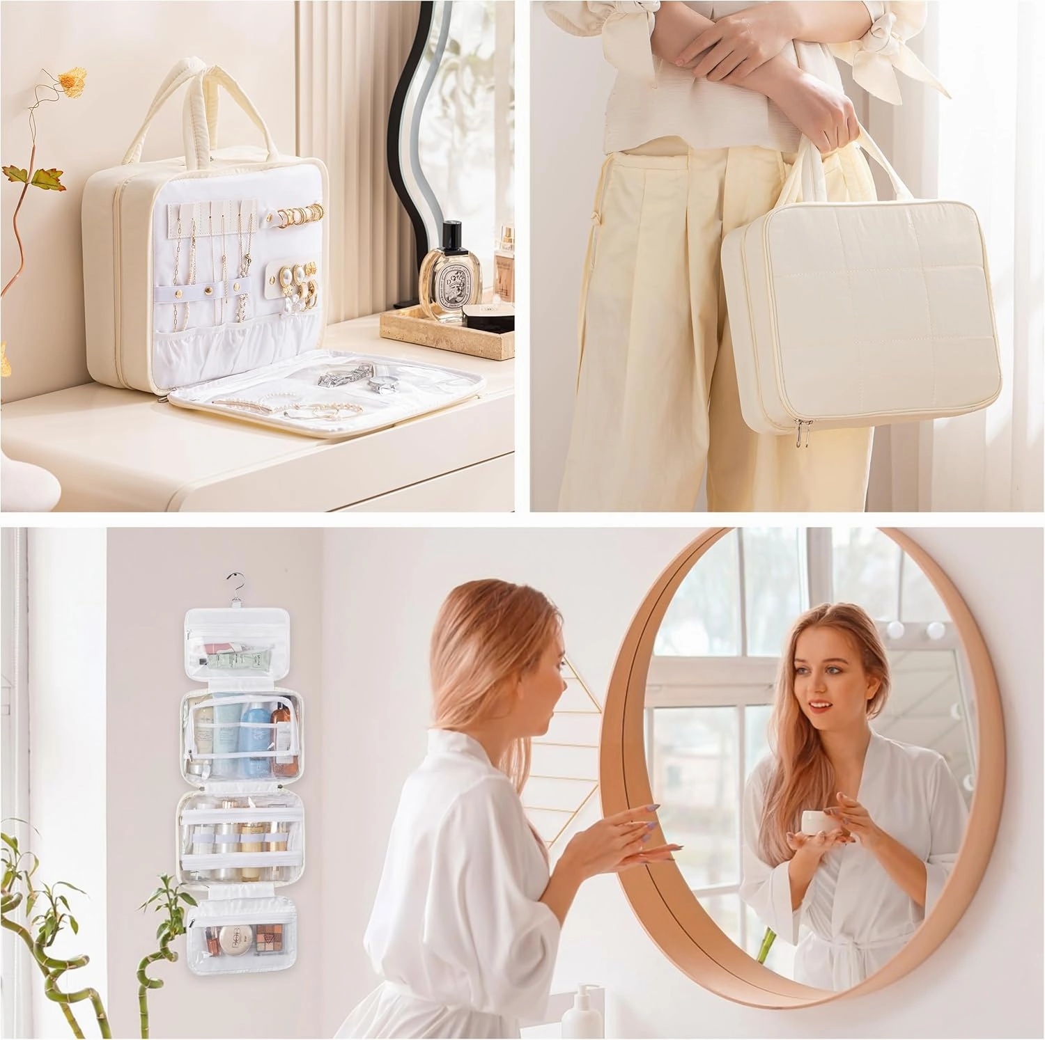 HBlife Travel Toiletry Bag with Jewelry Organizer for Women, Puffy Hanging Travel Bag for Toiletries with Trolley Belt, Waterproof Makeup Cosmetic Bag, Travel Accessories Essentials(Beige, L)