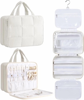 HBlife Travel Toiletry Bag with Jewelry Organizer for Women, Puffy Hanging Travel Bag for Toiletries with Trolley Belt, Waterproof Makeup Cosmetic Bag, Travel Accessories Essentials(Beige, L)