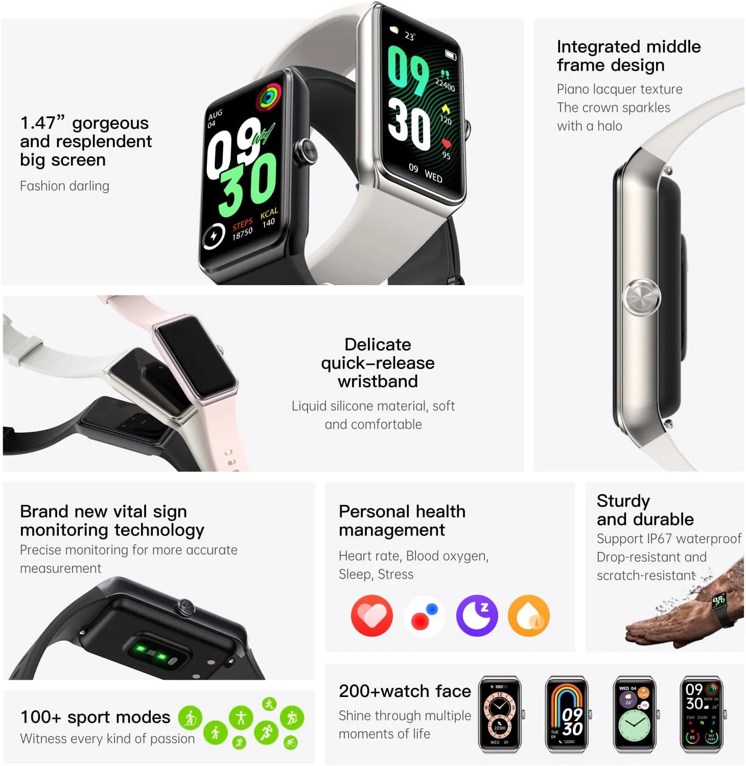 Health Fitness Tracker, Smart Activity Tracker with 24/7 Heart Rate Monitor, Blood Oxygen, Sleep Tracker, Calories & Step Counter, 14-Day Battery, IP67 Waterproof, for Android & iPhone Women & Men