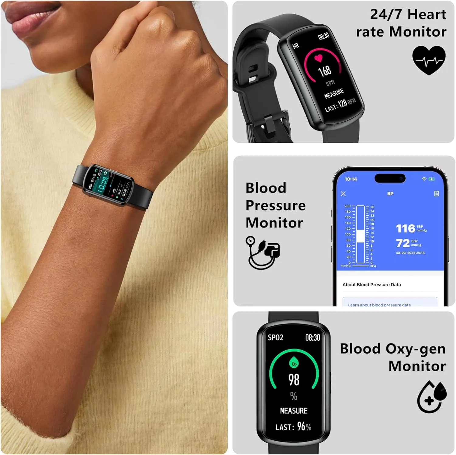Health Fitness Tracker, Smart Watch with 24/7 Heart Rate and Blood Pressure Monitor, Activity Tracker with Blood Oxygen, 120 Sport Mode Waterproof Sleep Tracker for Women Men