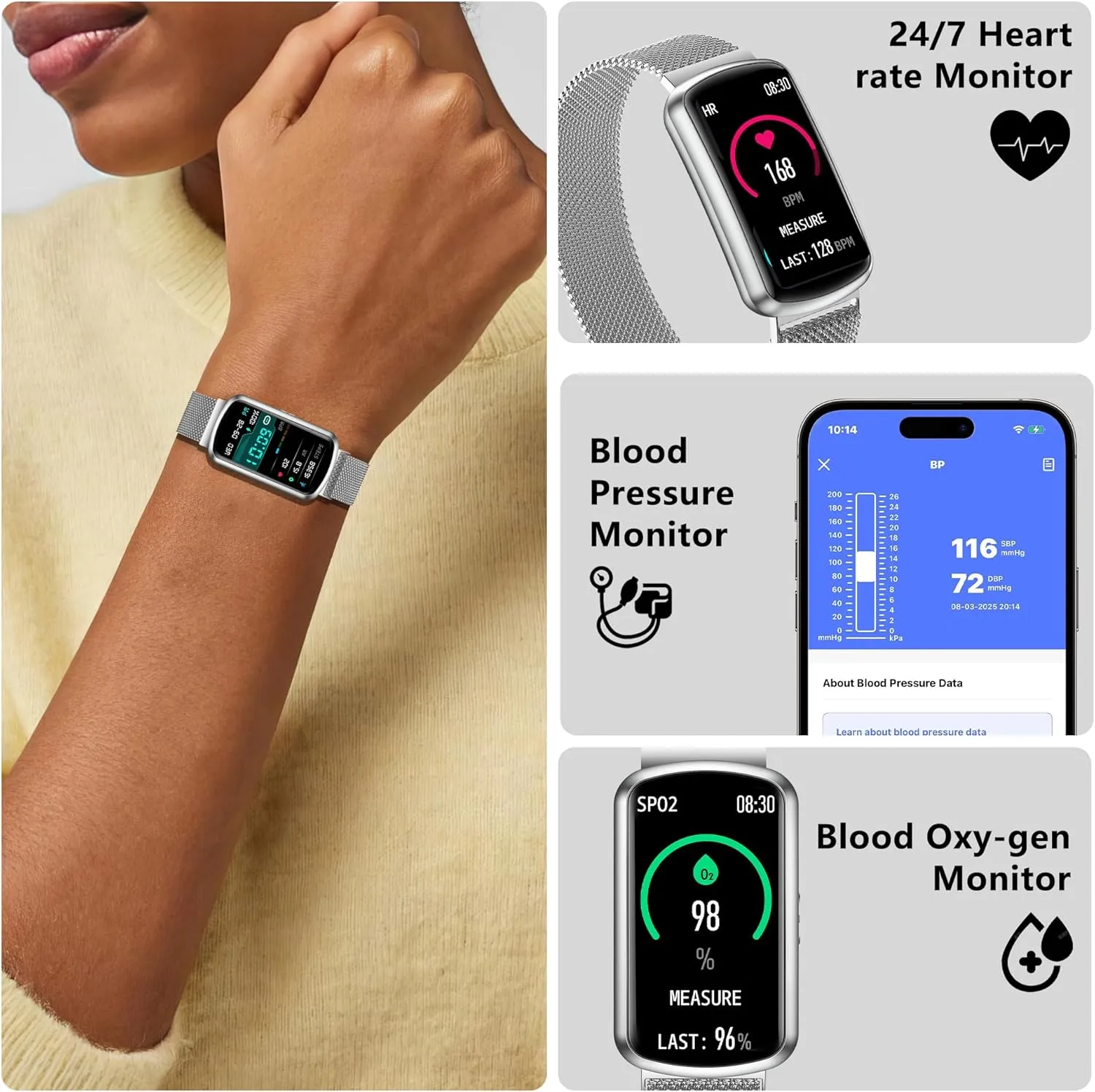 Health Fitness Tracker, Smart Watch with 24/7 Heart Rate and Blood Pressure Monitor, Activity Tracker with Blood Oxygen, 120 Sport Mode Waterproof Sleep Tracker for Women Men