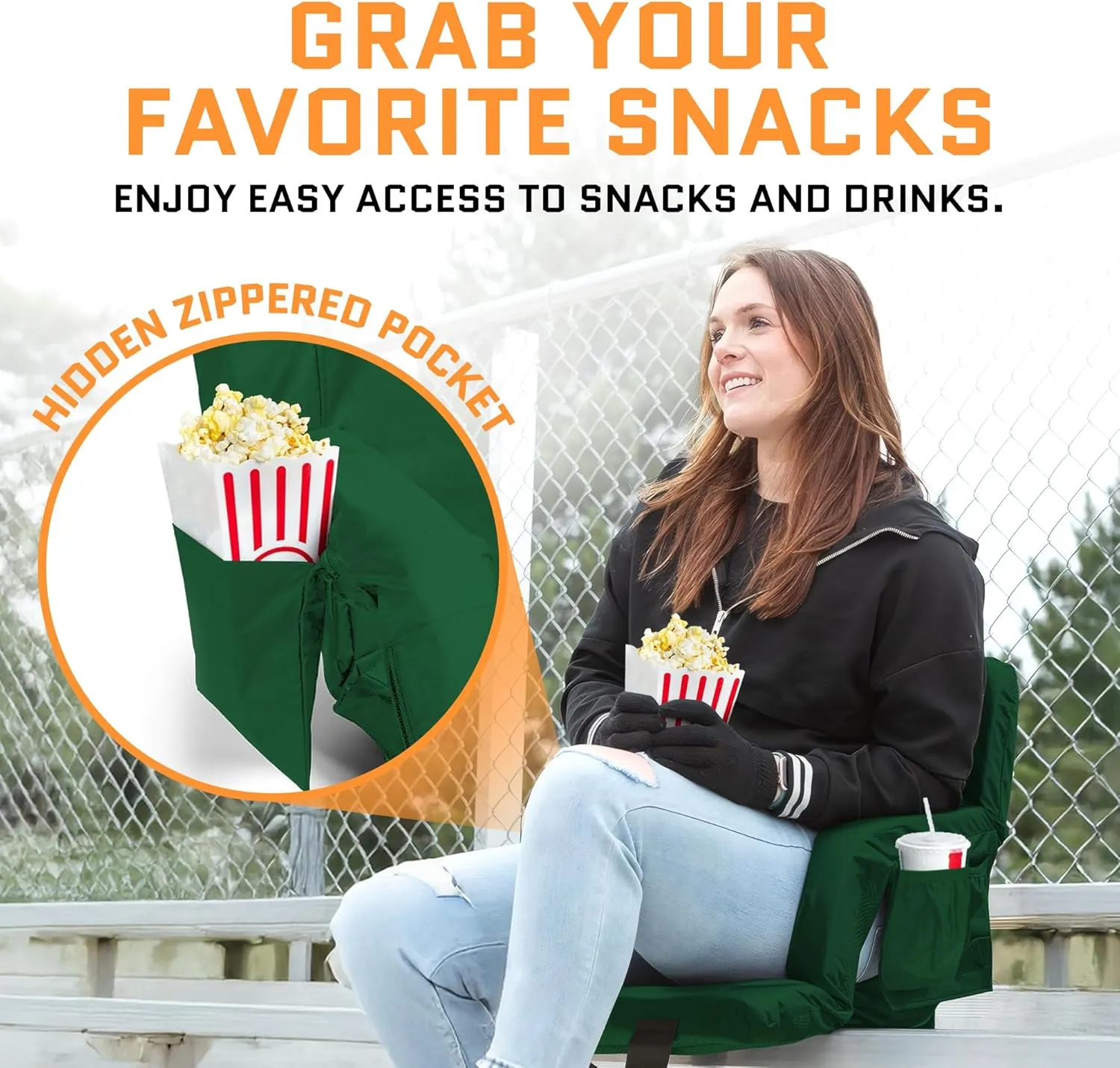 Heated Stadium Seats for Bleachers with Back Support – USB Battery Included - Upgraded 3 Levels of Heat - Foldable Chair - 4 Pockets for Snacks, Cup Holder - for Camping, Games & Sports (Hunter Green)