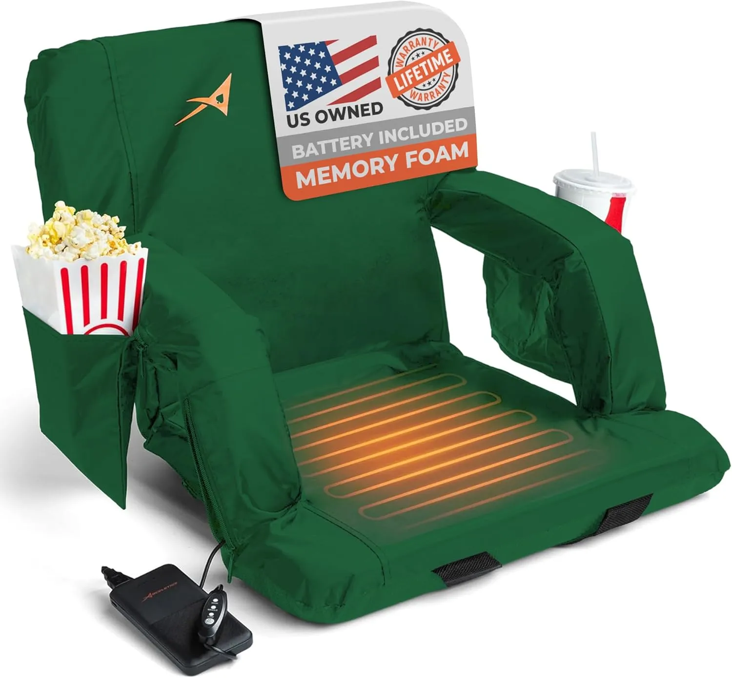 Heated Stadium Seats for Bleachers with Back Support – USB Battery Included - Upgraded 3 Levels of Heat - Foldable Chair - 4 Pockets for Snacks, Cup Holder - for Camping, Games & Sports (Hunter Green)
