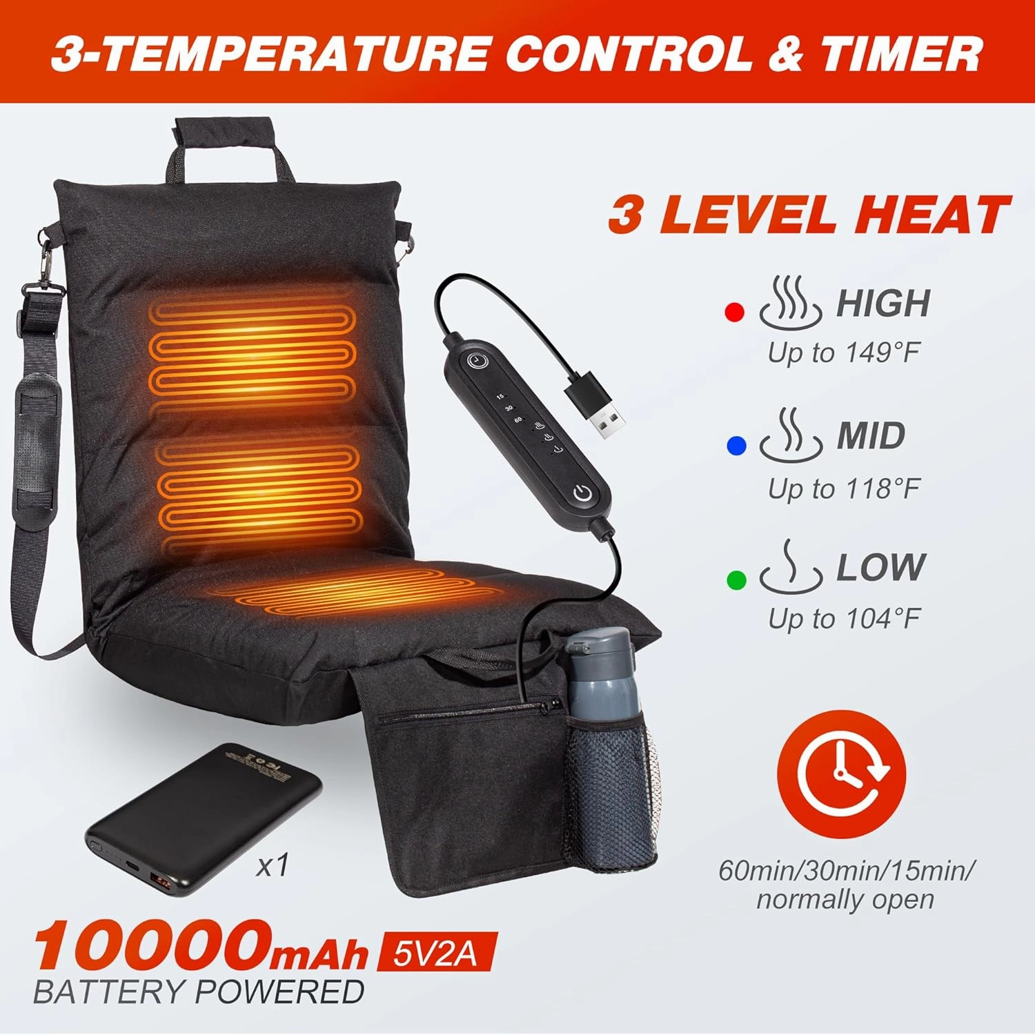 Heated Stadium Seats for Bleachers with Back Support and Cushion, 3-Temperature Control & Timer Heating Bleacher Chairs, Comfort Stadium Chair Portable Bleacher Seat for Sports Events Outdoor