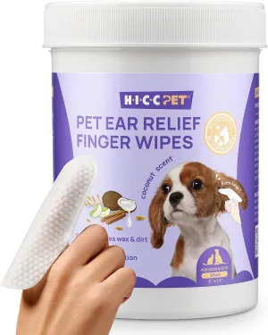 HICC PET Dog Ear Wipes Finger 50 Count Dog Ear Cleaner Wipes for Dogs & Cats, Dog Ear Infection Treatment to Relieve Ear Itching & Inflammation, Remove Ear Wax, Dirt, Smelly - Fresh Coconut Scent
