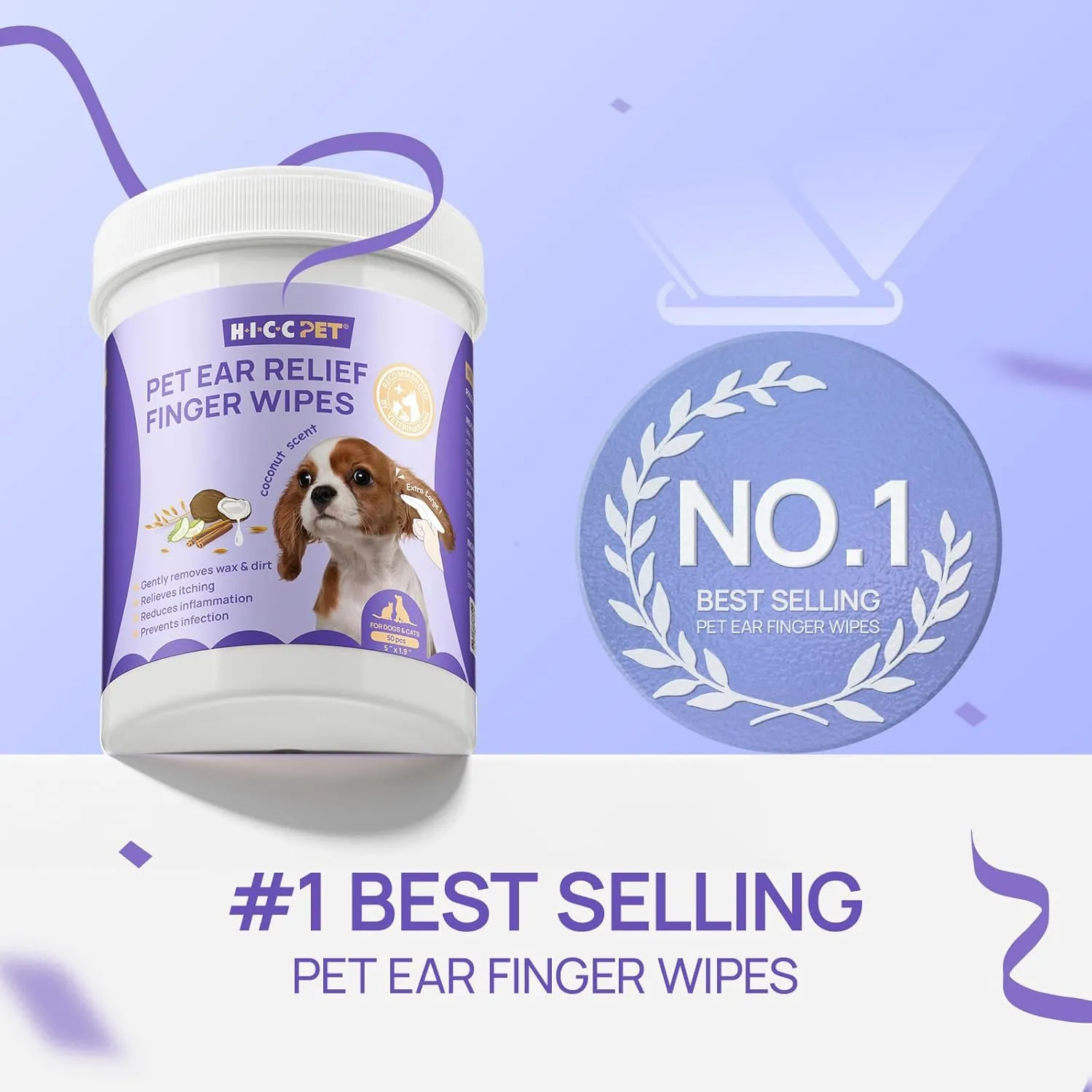 HICC PET Dog Ear Wipes Finger 50 Count Dog Ear Cleaner Wipes for Dogs & Cats, Dog Ear Infection Treatment to Relieve Ear Itching & Inflammation, Remove Ear Wax, Dirt, Smelly - Fresh Coconut Scent