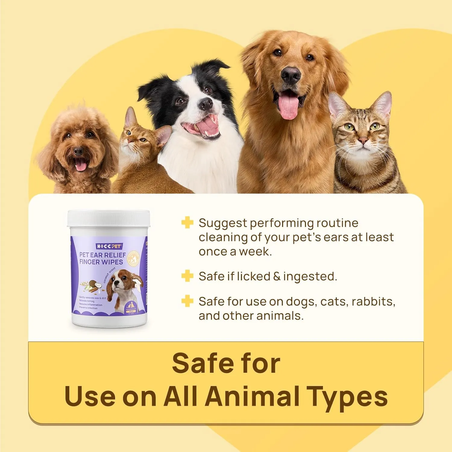 HICC PET Dog Ear Wipes Finger 50 Count Dog Ear Cleaner Wipes for Dogs & Cats, Dog Ear Infection Treatment to Relieve Ear Itching & Inflammation, Remove Ear Wax, Dirt, Smelly - Fresh Coconut Scent