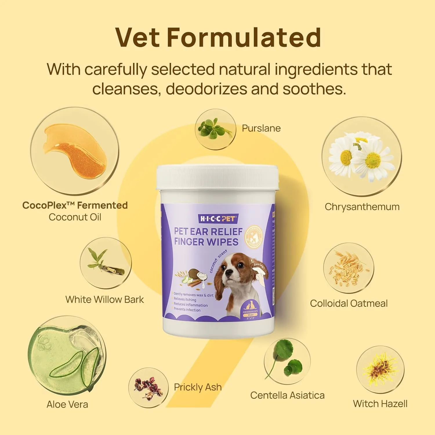 HICC PET Dog Ear Wipes Finger 50 Count Dog Ear Cleaner Wipes for Dogs & Cats, Dog Ear Infection Treatment to Relieve Ear Itching & Inflammation, Remove Ear Wax, Dirt, Smelly - Fresh Coconut Scent