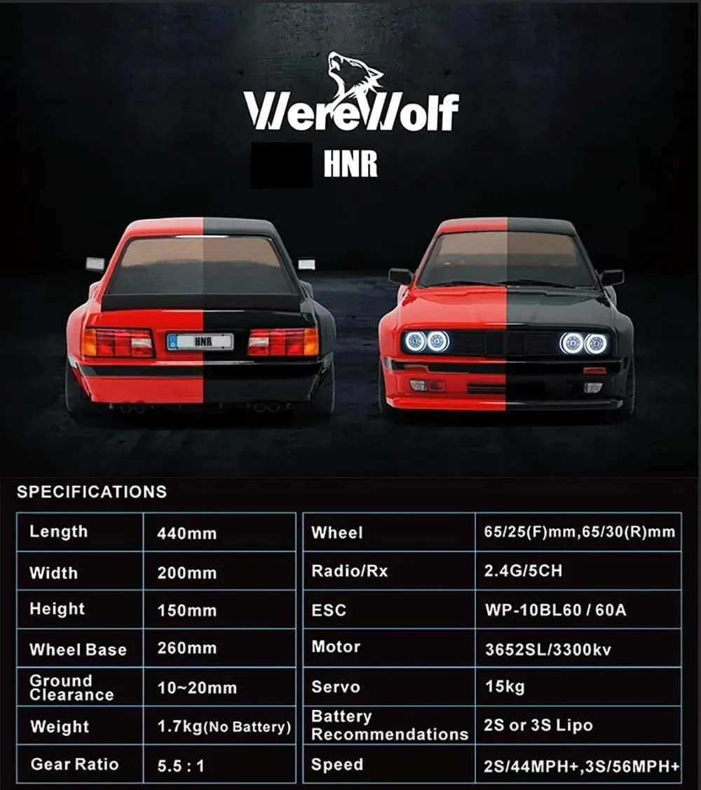 HNR Werewolf 1/10 Scale 4WD Brushless RC Race and Drift Car, 60A ESC, 3300KV Motor, 2.4G Remote, LED Lights, Racing and Drift Tires (Black)