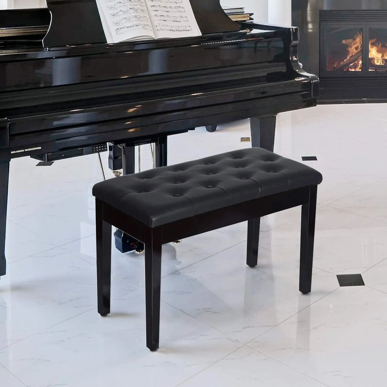 HOMCOM Piano Bench, Duet Piano Chair with Faux Leather Padded Cushion and Wooden Frame, Button Tufted Keyboard Bench, Black