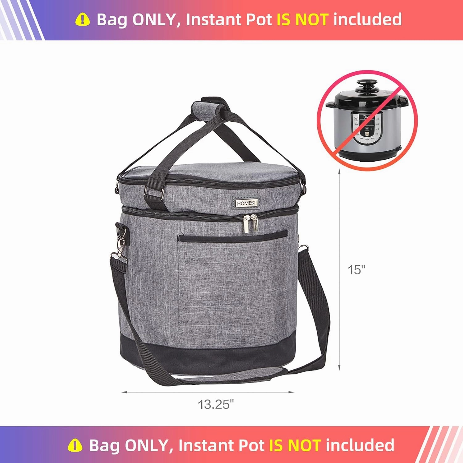 HOMEST 2 Compartments Carry Bag for 6 Quart Instant Pot, Pressure Cooker Travel Tote Have Accessory Pockets for Spoon, Measuring Cup, Steam Rack, Insulated Carrier with Easy to Clean Lining, Gray