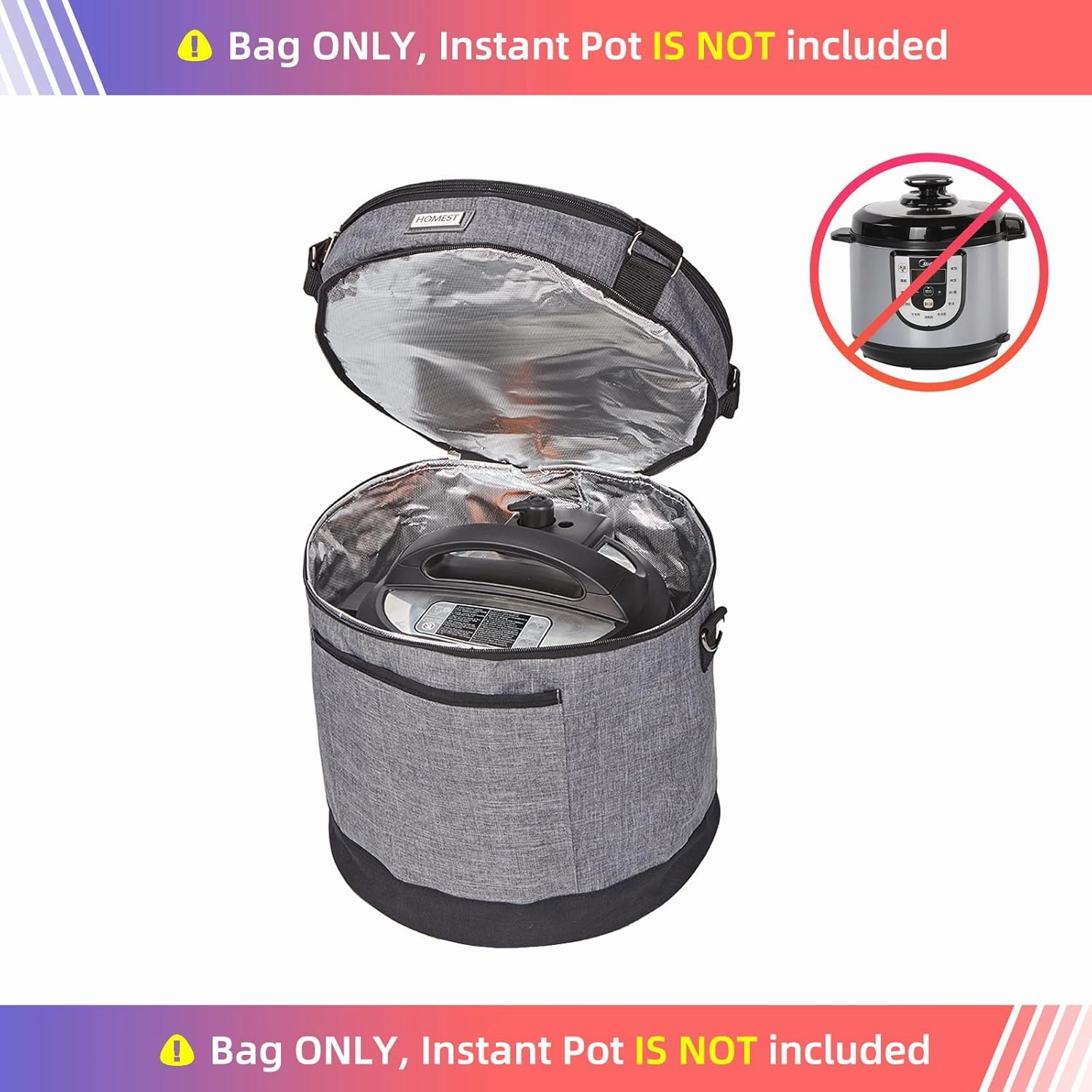 HOMEST 2 Compartments Carry Bag for 6 Quart Instant Pot, Pressure Cooker Travel Tote Have Accessory Pockets for Spoon, Measuring Cup, Steam Rack, Insulated Carrier with Easy to Clean Lining, Gray